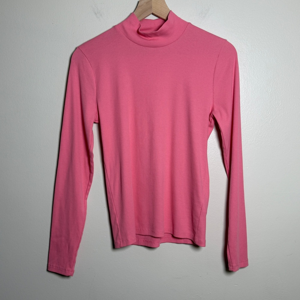 J.Crew Womens Cotton Ribbed Mock Neck Top Medium Pink Long Sleeve Preppy Minimal